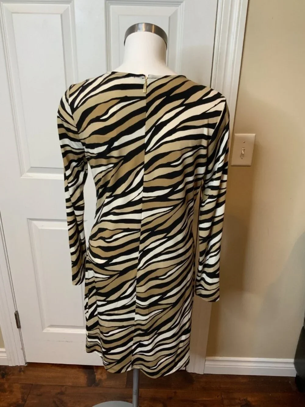 Michael Kors Tan Zebra Striped Gold Logo Dress, Size M